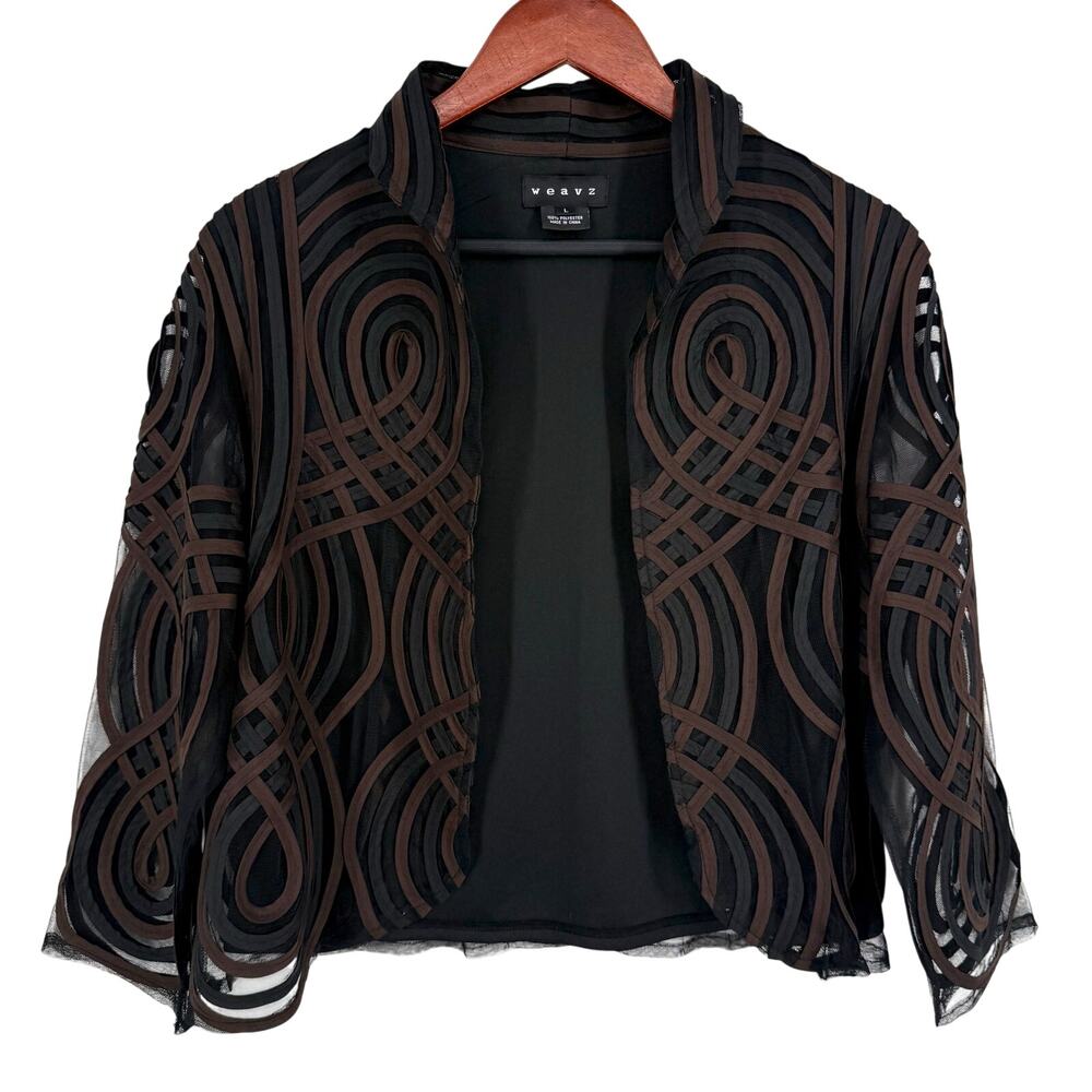 Weavs Sz Large Wearable Art Brown Black Artsy Jacket Blouse Shirt Top Unique